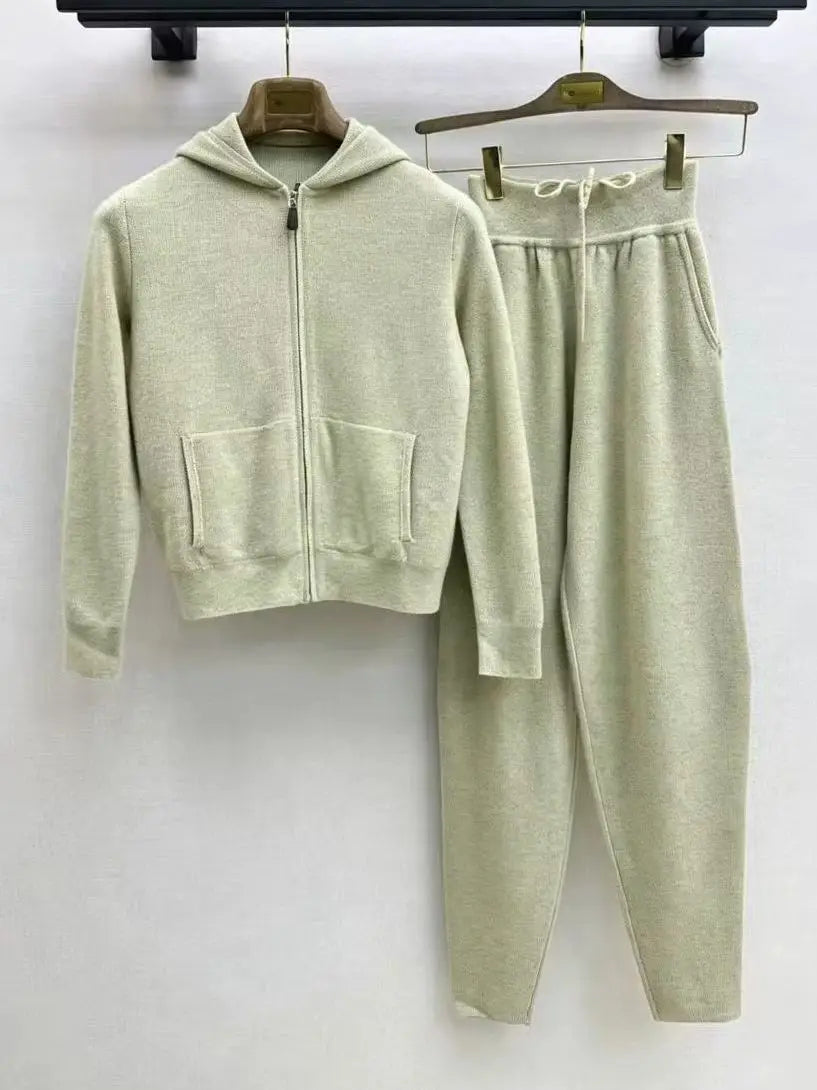 Autumn and Winter 100% Cashmere Casual Knit Hooded Cardigan and Drawn Trousers Set