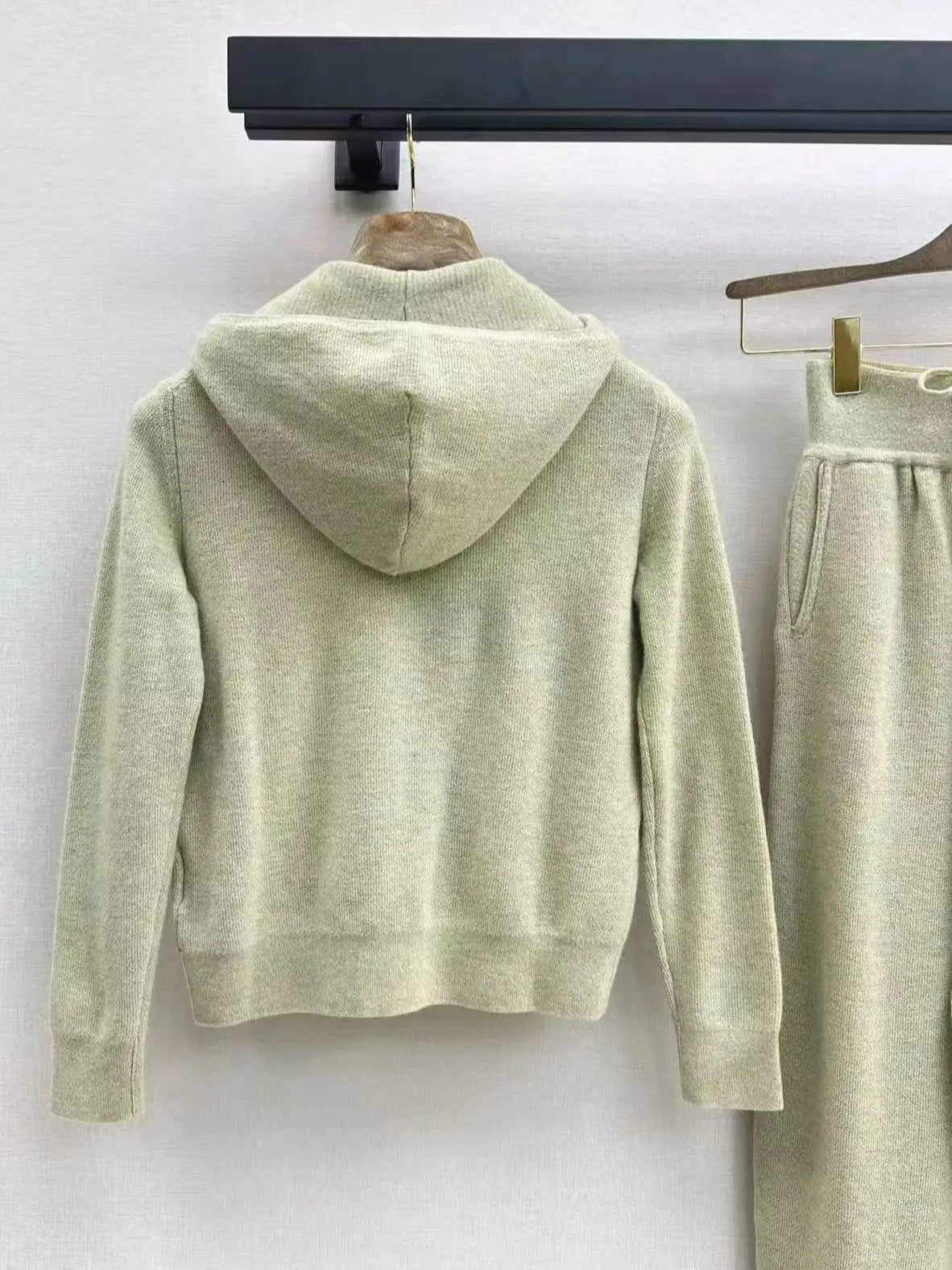Autumn and Winter 100% Cashmere Casual Knit Hooded Cardigan and Drawn Trousers Set