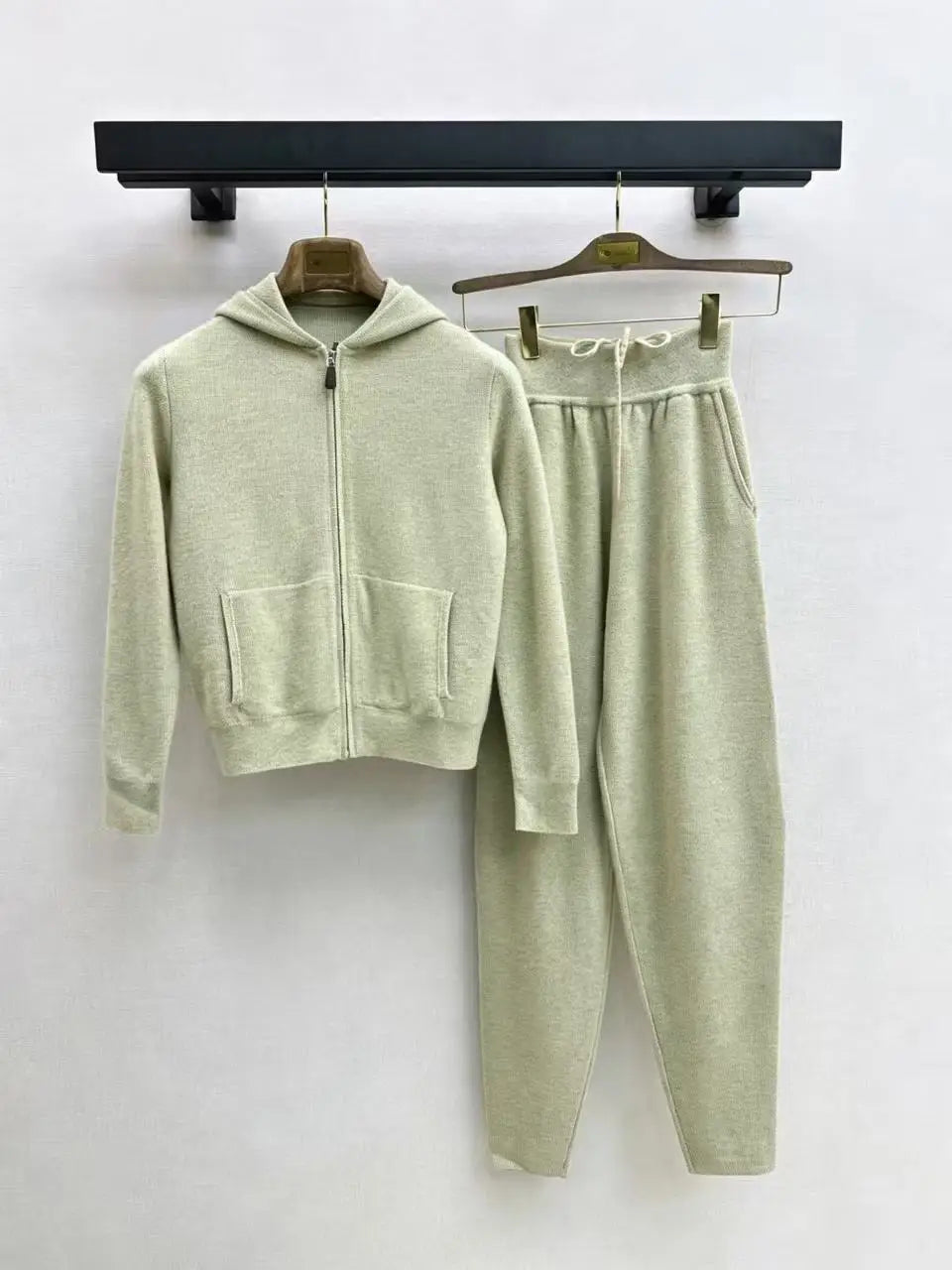 Autumn and Winter 100% Cashmere Casual Knit Hooded Cardigan and Drawn Trousers Set