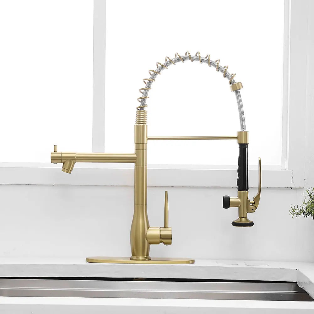 Commercial Brushed Gold Kitchen Faucet with Pull Down Sprayer,Faucet with Deck Plate,Single Handle Single Lever Kitchen Faucet