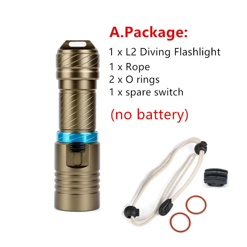 L2 Waterproof Dive Underwater 80 Meter LED Diving Flashlight Torches yellow Lamp Light Camping Lanterna With Stepless dimming
