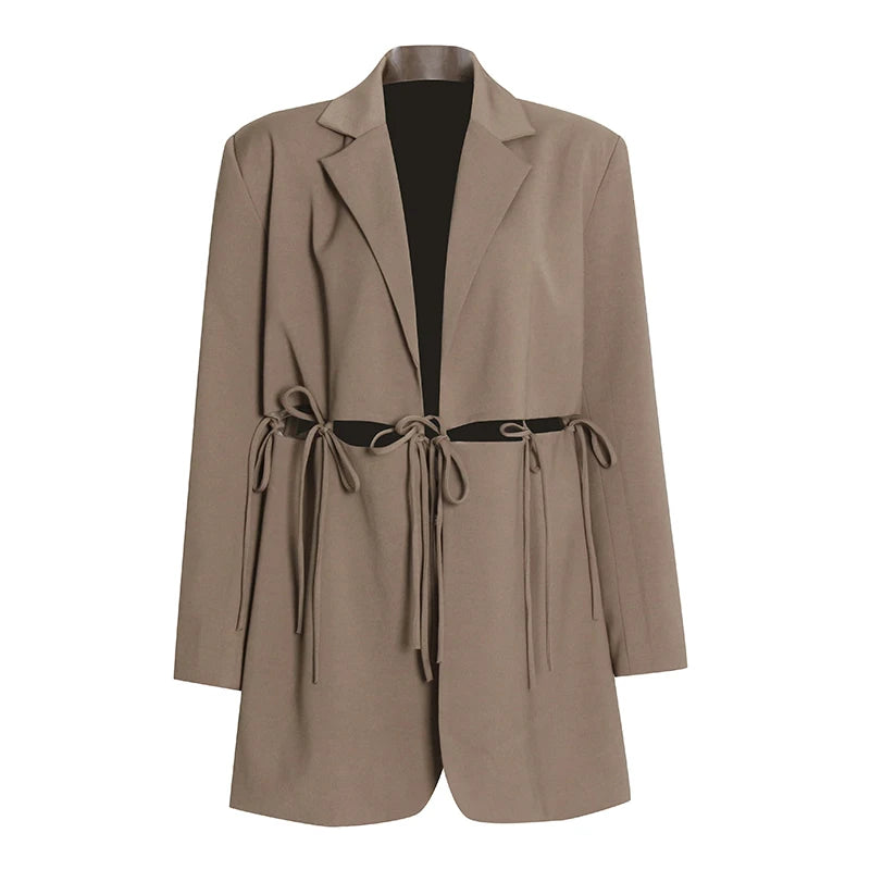 TWOTWINSTYLE Solid Hollow Out Loose Blazers Notched Long Sleeve Patchwork Lace up for Blazer Women