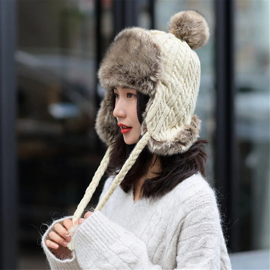 Stylish Bar Lovely Hat For Women Keep Warm Winter Casual Wool Knitted Caps Earmuffs Hemming Hats Thicken Ski Hat Bone Skullies