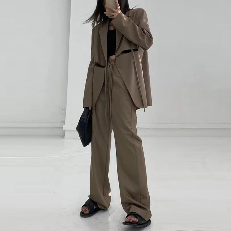 TWOTWINSTYLE Solid Hollow Out Loose Blazers Notched Long Sleeve Patchwork Lace up for Blazer Women