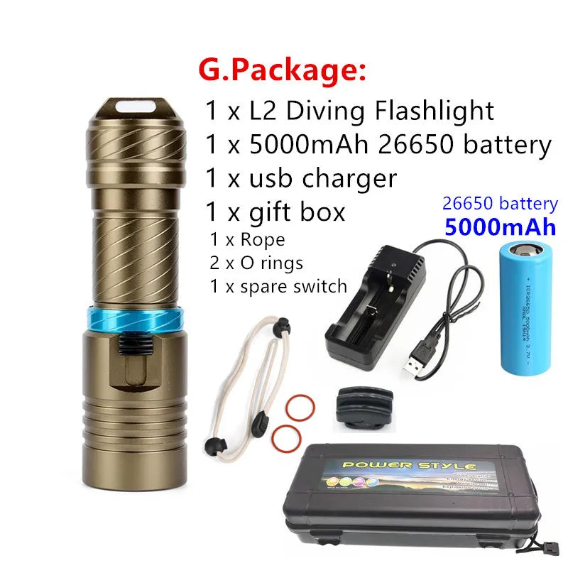 L2 Waterproof Dive Underwater 80 Meter LED Diving Flashlight Torches yellow Lamp Light Camping Lanterna With Stepless dimming