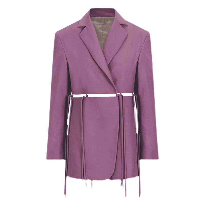 TWOTWINSTYLE Solid Hollow Out Loose Blazers Notched Long Sleeve Patchwork Lace up for Blazer Women