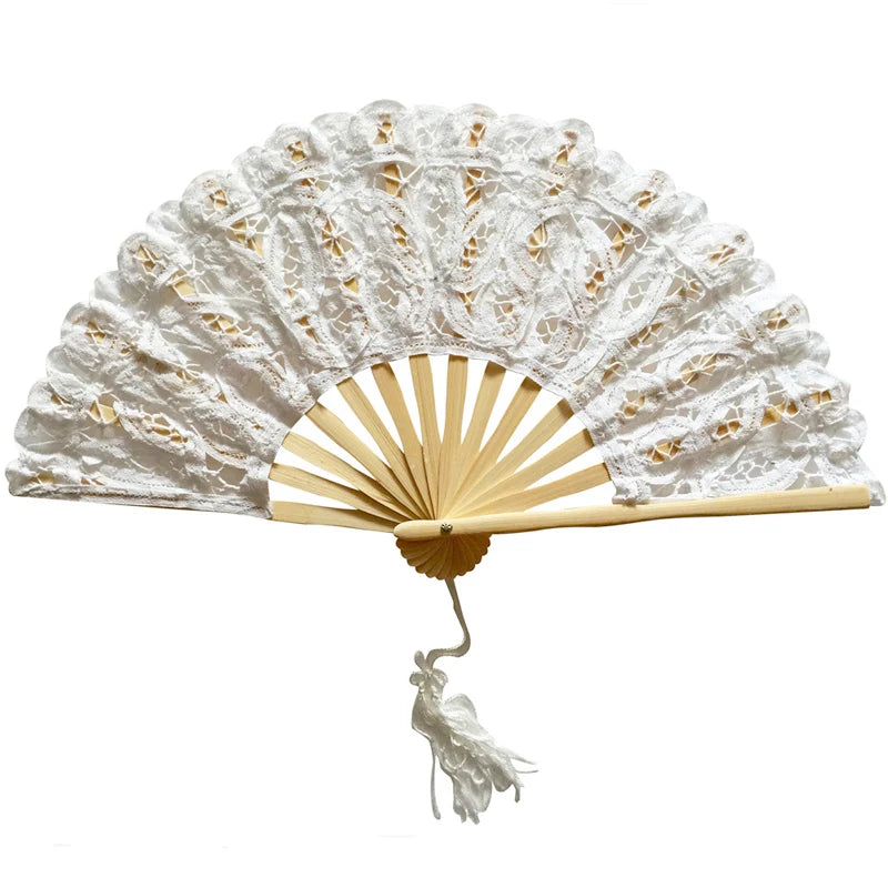 Classic Handmade Bamboo Ribs Embriodery Spanish Hand Lace Fan Bride Wedding Battenburg Lace Fan