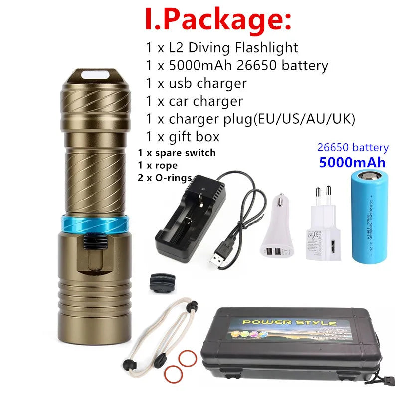 L2 Waterproof Dive Underwater 80 Meter LED Diving Flashlight Torches yellow Lamp Light Camping Lanterna With Stepless dimming