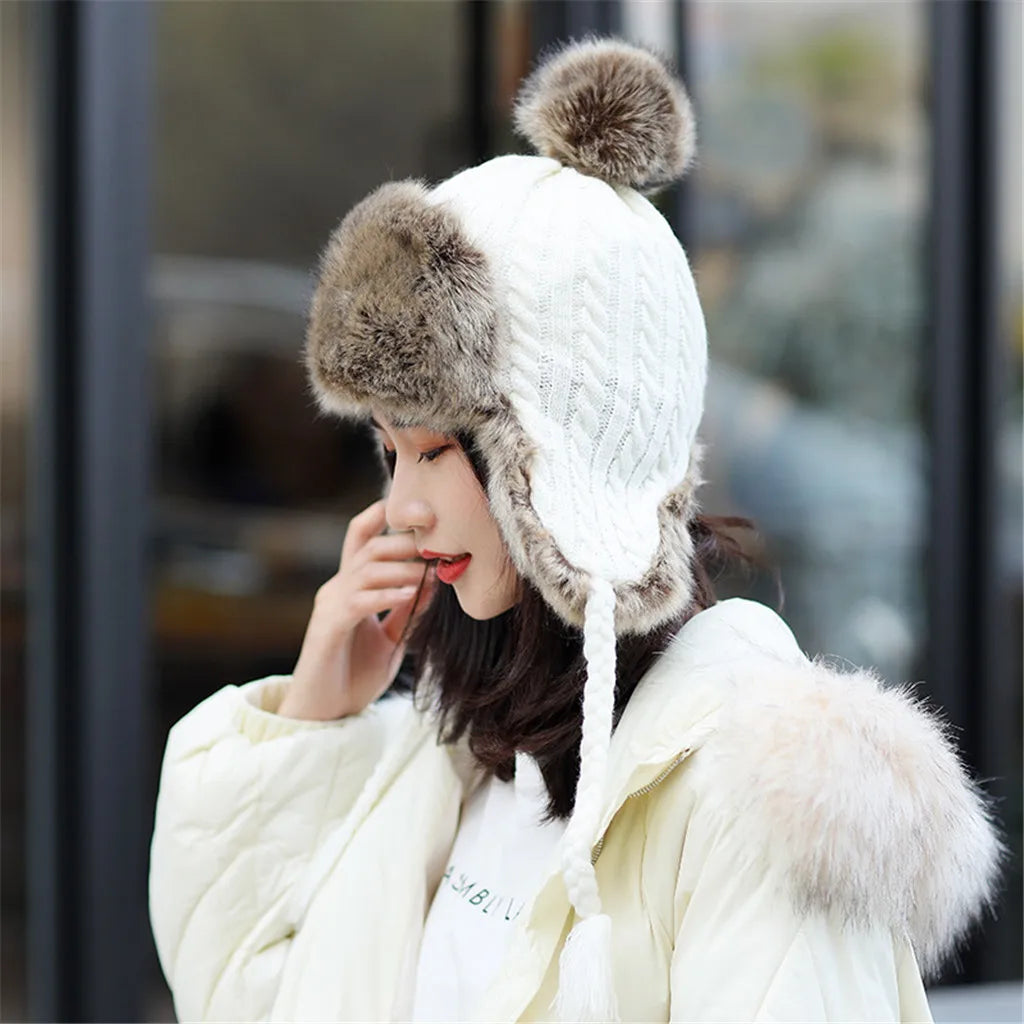 Stylish Bar Lovely Hat For Women Keep Warm Winter Casual Wool Knitted Caps Earmuffs Hemming Hats Thicken Ski Hat Bone Skullies
