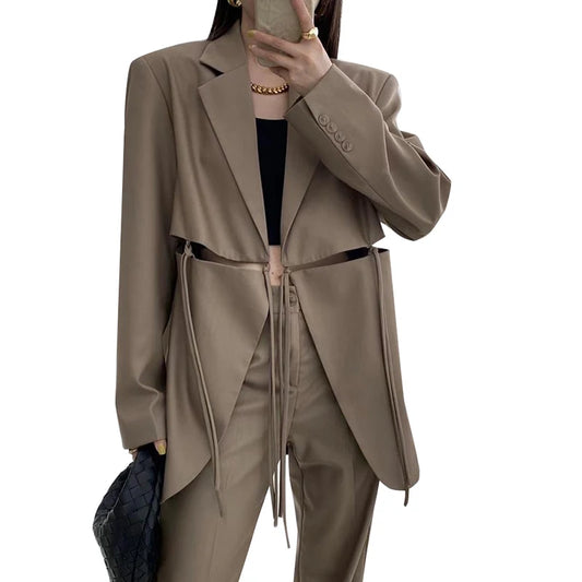 TWOTWINSTYLE Solid Hollow Out Loose Blazers Notched Long Sleeve Patchwork Lace up for Blazer Women