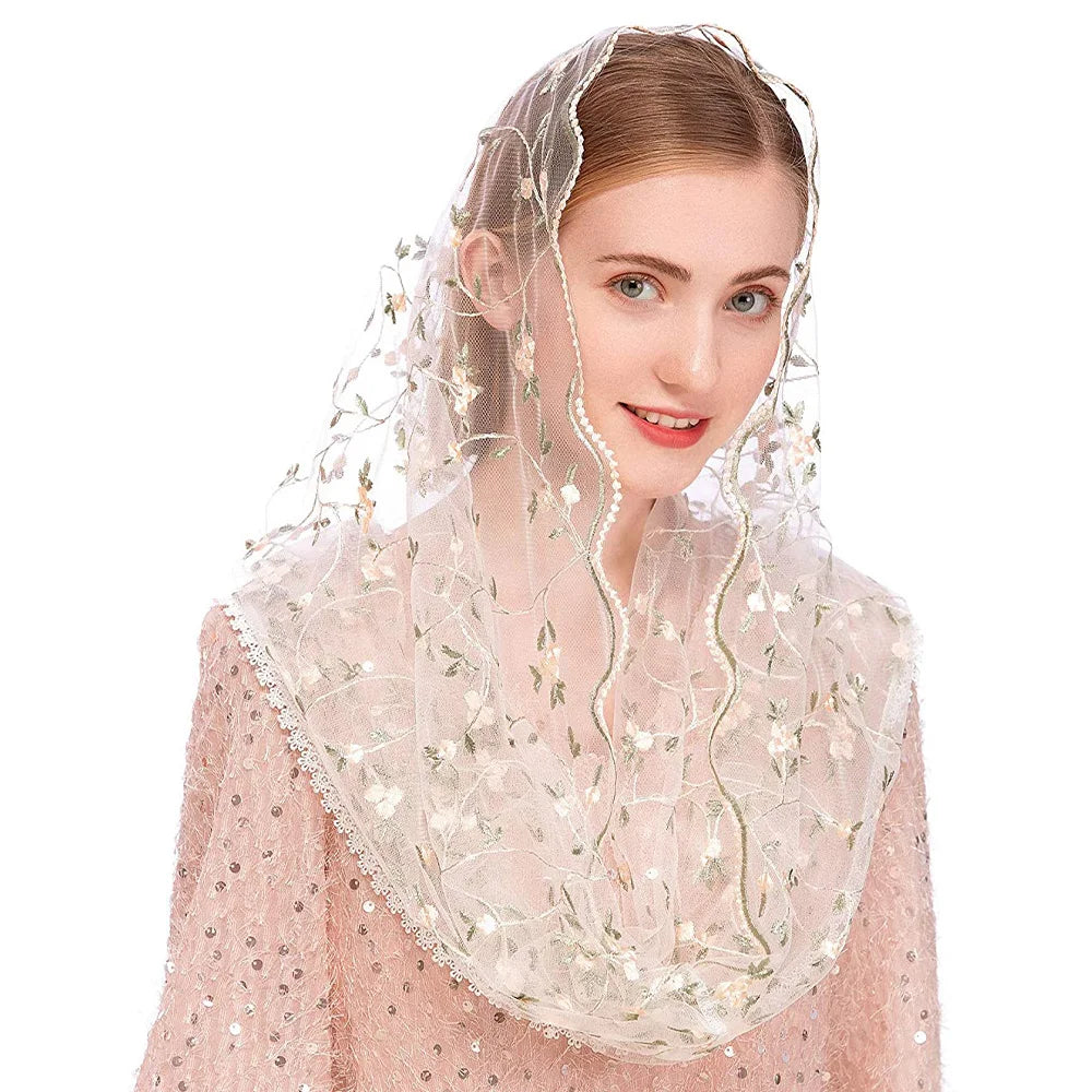 Women Chapel Veils Lady Mantilla Infinity Veil Latin Mass Little Floral Soft Embroidered Lace Head Covering Scarf for Bride