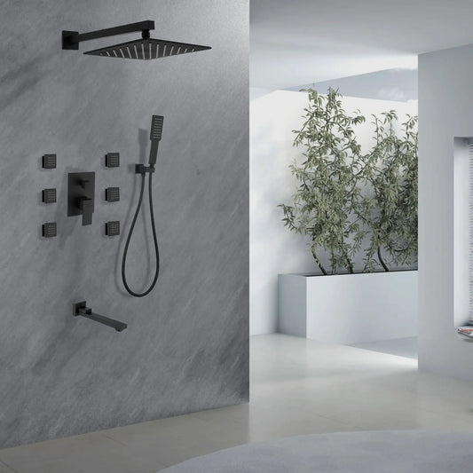 HONGDEC Matte Black 4 Function Bathroom Shower System Rainfall Shower Head Set Bathroom Shower Faucet