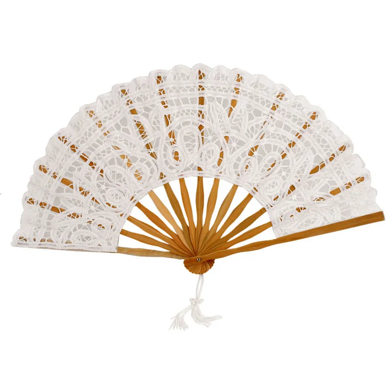 Classic Handmade Bamboo Ribs Embriodery Spanish Hand Lace Fan Bride Wedding Battenburg Lace Fan