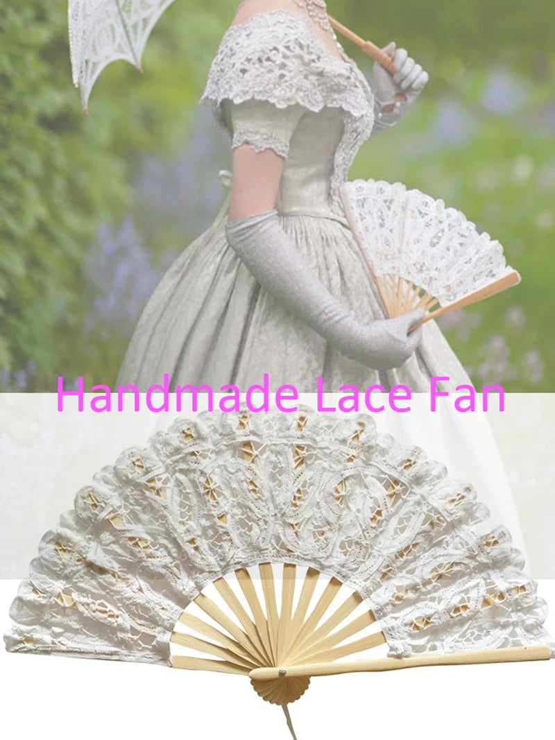 Classic Handmade Bamboo Ribs Embriodery Spanish Hand Lace Fan Bride Wedding Battenburg Lace Fan