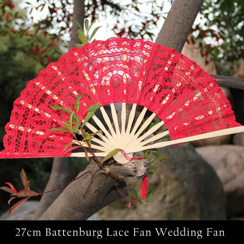 Classic Handmade Bamboo Ribs Embriodery Spanish Hand Lace Fan Bride Wedding Battenburg Lace Fan