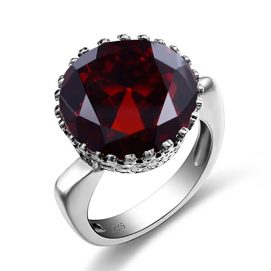 Szjinao Round Cut 16*16mm Garnet Ring Women Massive Genuine 925 Sterling Silver Vintage Large Wide Silver 925 Women's Jewellry F
