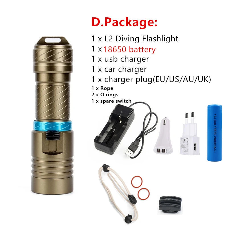 L2 Waterproof Dive Underwater 80 Meter LED Diving Flashlight Torches yellow Lamp Light Camping Lanterna With Stepless dimming