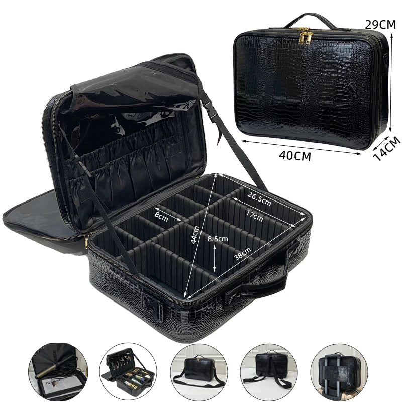 2021 New Crocodile PU Leather Cosmetic Bag Professional Make Up Box Large Capacity Storage Travel Toiletry Makeup Suitcase
