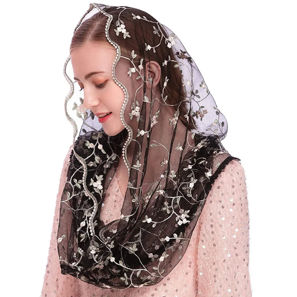 Women Chapel Veils Lady Mantilla Infinity Veil Latin Mass Little Floral Soft Embroidered Lace Head Covering Scarf for Bride