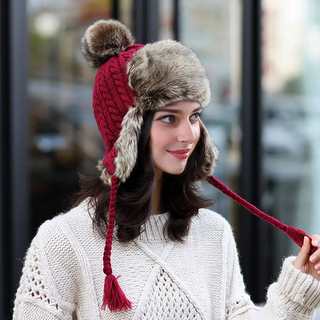 Stylish Bar Lovely Hat For Women Keep Warm Winter Casual Wool Knitted Caps Earmuffs Hemming Hats Thicken Ski Hat Bone Skullies