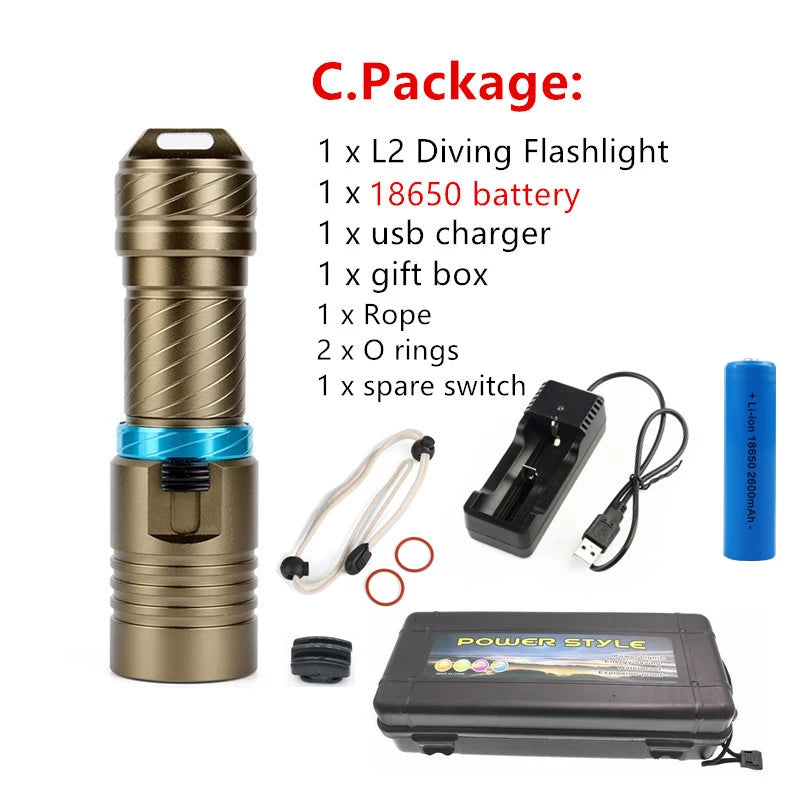 L2 Waterproof Dive Underwater 80 Meter LED Diving Flashlight Torches yellow Lamp Light Camping Lanterna With Stepless dimming