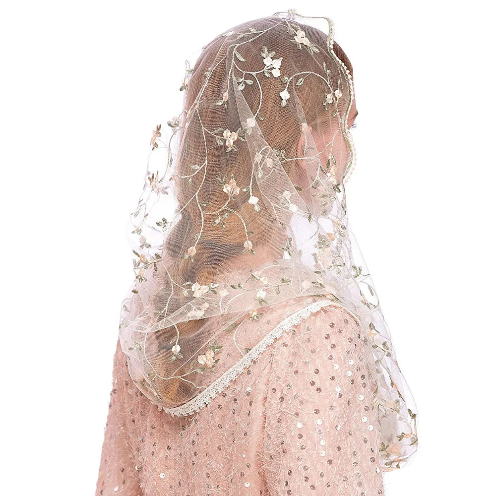 Women Chapel Veils Lady Mantilla Infinity Veil Latin Mass Little Floral Soft Embroidered Lace Head Covering Scarf for Bride