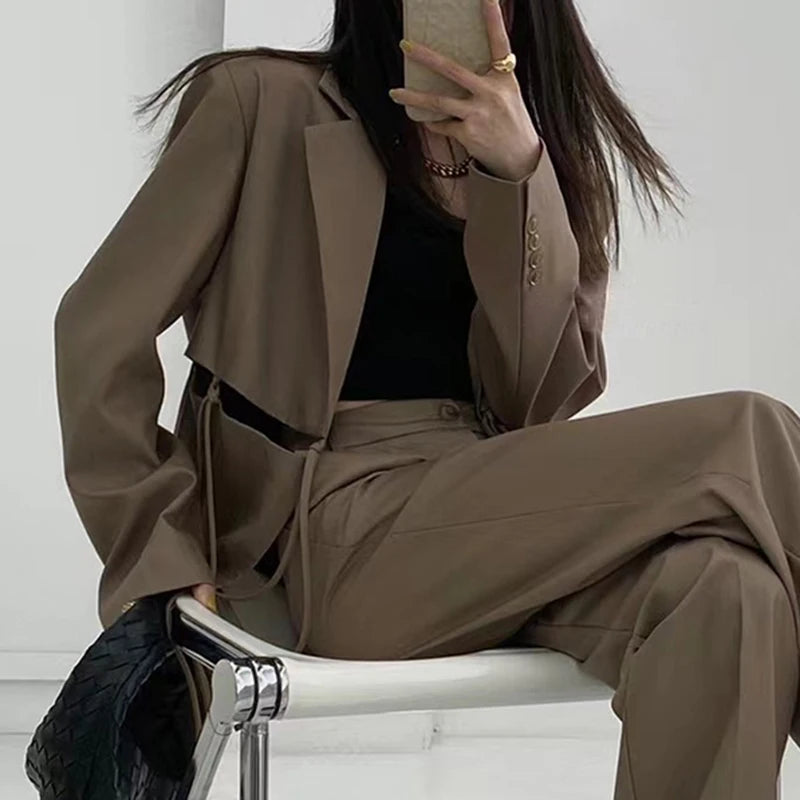 TWOTWINSTYLE Solid Hollow Out Loose Blazers Notched Long Sleeve Patchwork Lace up for Blazer Women