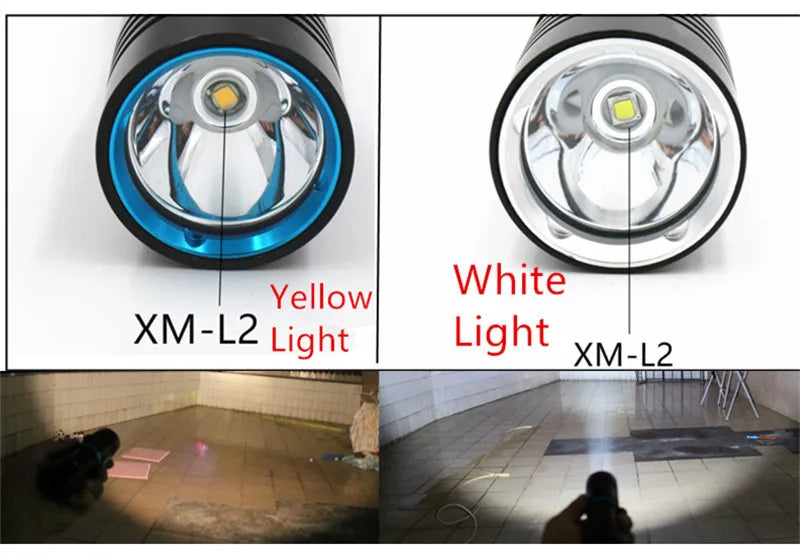 L2 Waterproof Dive Underwater 80 Meter LED Diving Flashlight Torches yellow Lamp Light Camping Lanterna With Stepless dimming