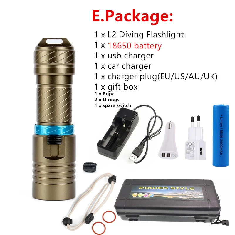 L2 Waterproof Dive Underwater 80 Meter LED Diving Flashlight Torches yellow Lamp Light Camping Lanterna With Stepless dimming