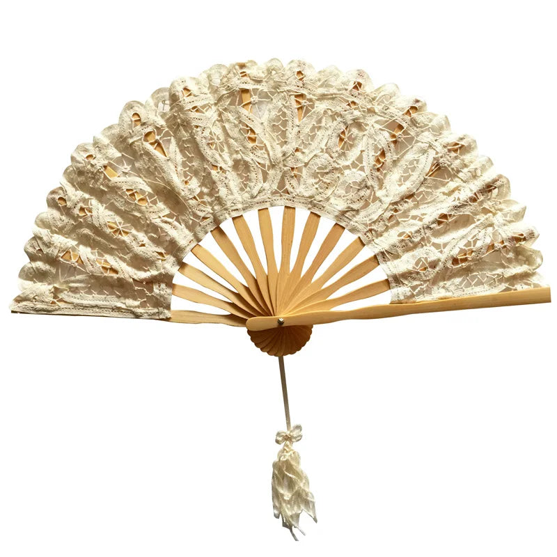 Classic Handmade Bamboo Ribs Embriodery Spanish Hand Lace Fan Bride Wedding Battenburg Lace Fan