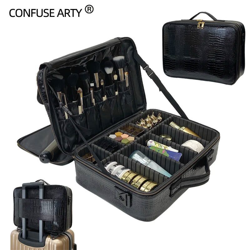 2021 New Crocodile PU Leather Cosmetic Bag Professional Make Up Box Large Capacity Storage Travel Toiletry Makeup Suitcase