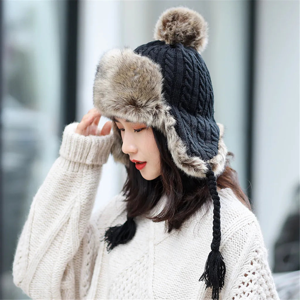 Stylish Bar Lovely Hat For Women Keep Warm Winter Casual Wool Knitted Caps Earmuffs Hemming Hats Thicken Ski Hat Bone Skullies