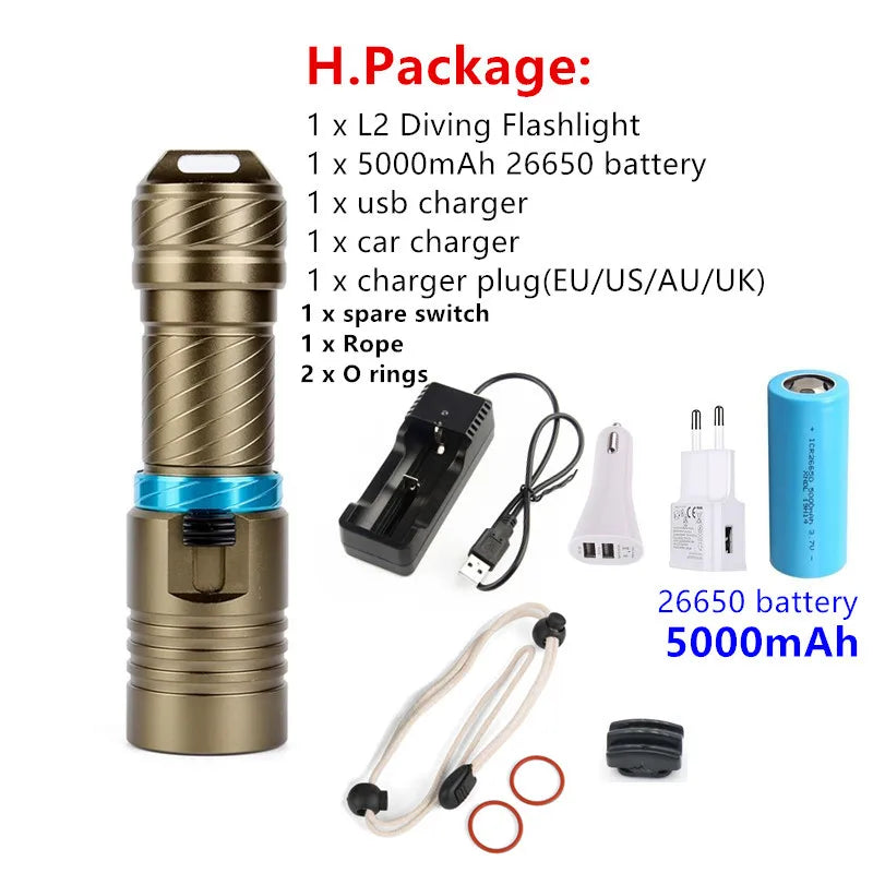 L2 Waterproof Dive Underwater 80 Meter LED Diving Flashlight Torches yellow Lamp Light Camping Lanterna With Stepless dimming