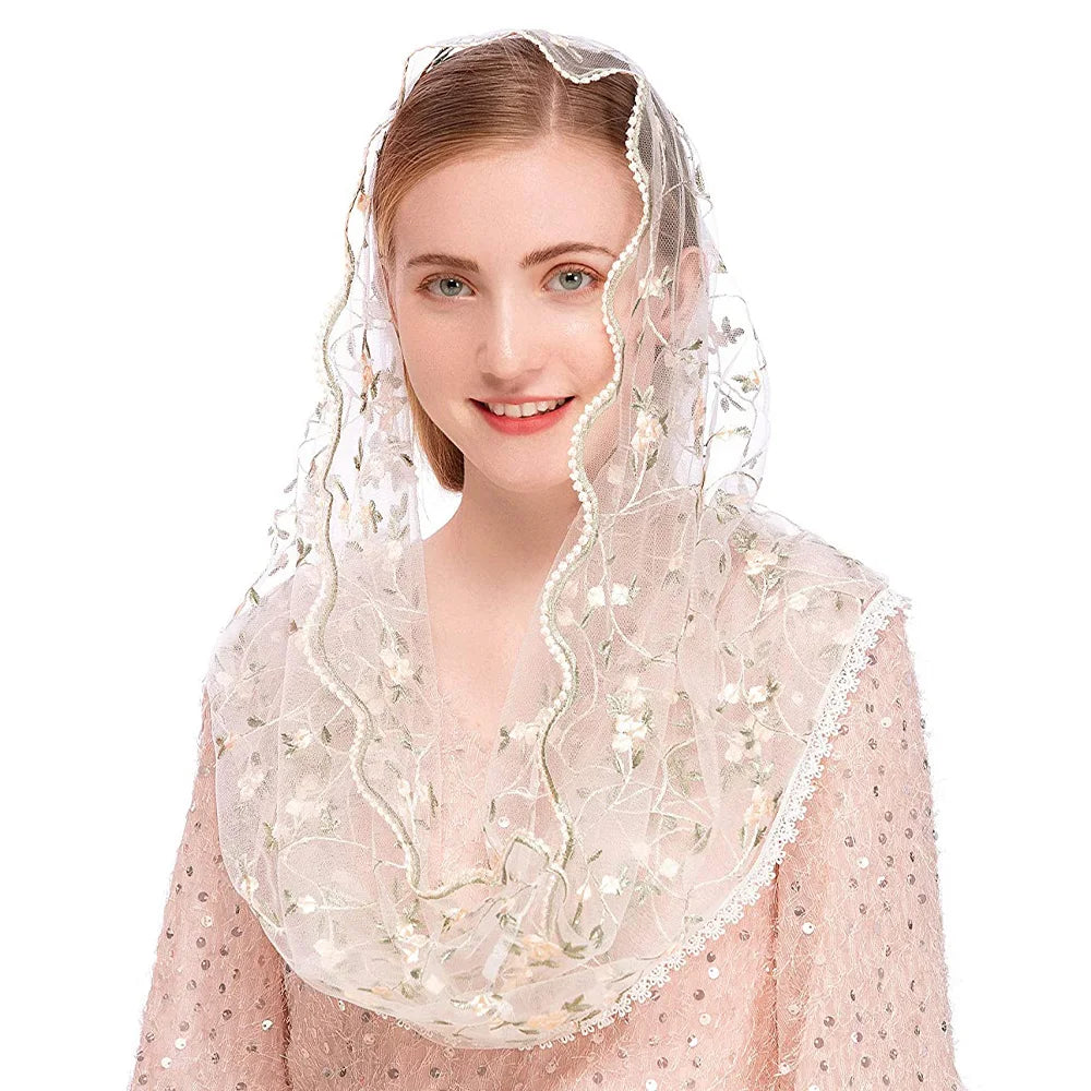 Women Chapel Veils Lady Mantilla Infinity Veil Latin Mass Little Floral Soft Embroidered Lace Head Covering Scarf for Bride