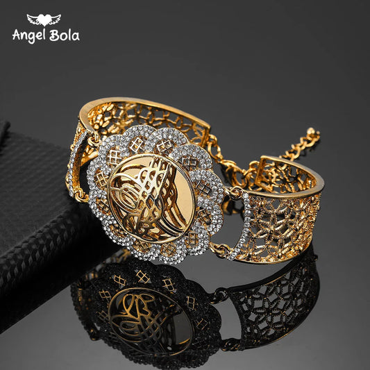Muslim Islam Wedding Gift Middle East Jewelry Bracelets Arab Allah Bracelet Vintage Gold Color Flower Wide Cuff Bangle
