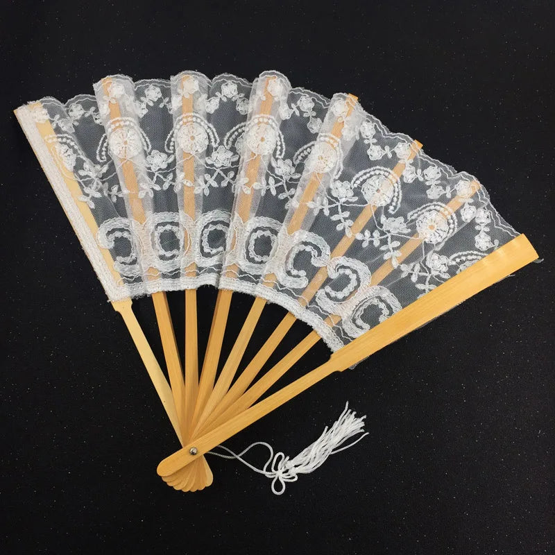 Classic Handmade Bamboo Ribs Embriodery Spanish Hand Lace Fan Bride Wedding Battenburg Lace Fan