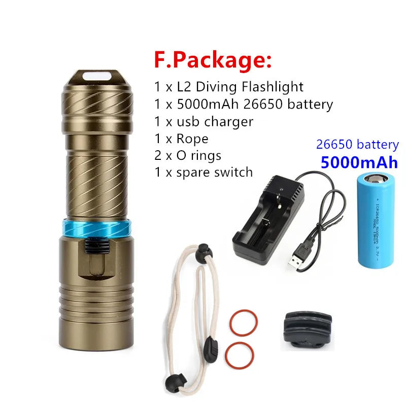 L2 Waterproof Dive Underwater 80 Meter LED Diving Flashlight Torches yellow Lamp Light Camping Lanterna With Stepless dimming