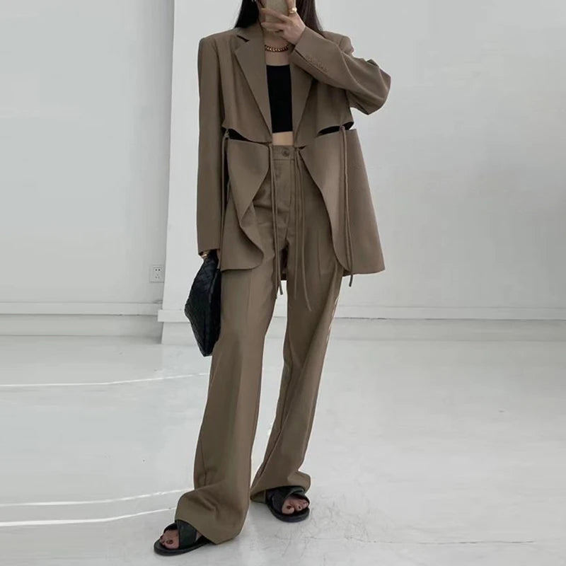 TWOTWINSTYLE Solid Hollow Out Loose Blazers Notched Long Sleeve Patchwork Lace up for Blazer Women