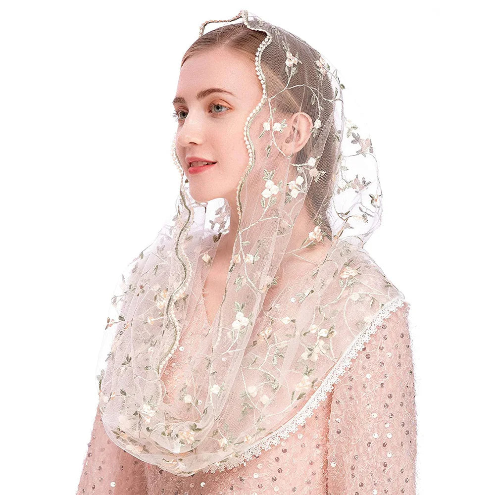 Women Chapel Veils Lady Mantilla Infinity Veil Latin Mass Little Floral Soft Embroidered Lace Head Covering Scarf for Bride