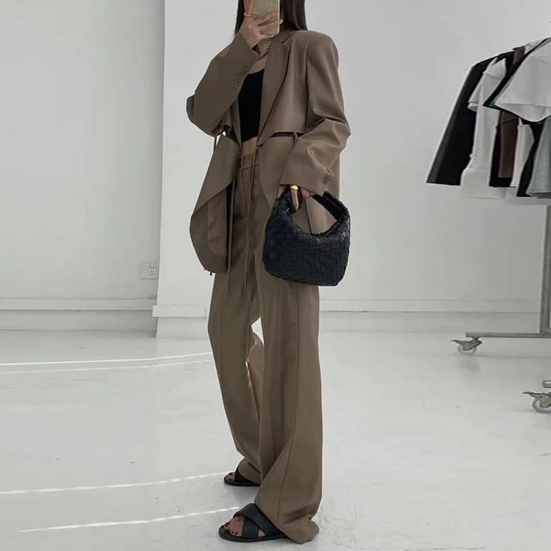 TWOTWINSTYLE Solid Hollow Out Loose Blazers Notched Long Sleeve Patchwork Lace up for Blazer Women