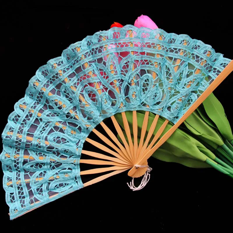 Classic Handmade Bamboo Ribs Embriodery Spanish Hand Lace Fan Bride Wedding Battenburg Lace Fan