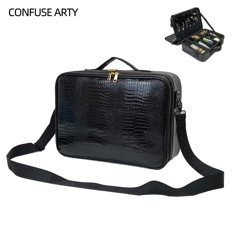 2021 New Crocodile PU Leather Cosmetic Bag Professional Make Up Box Large Capacity Storage Travel Toiletry Makeup Suitcase