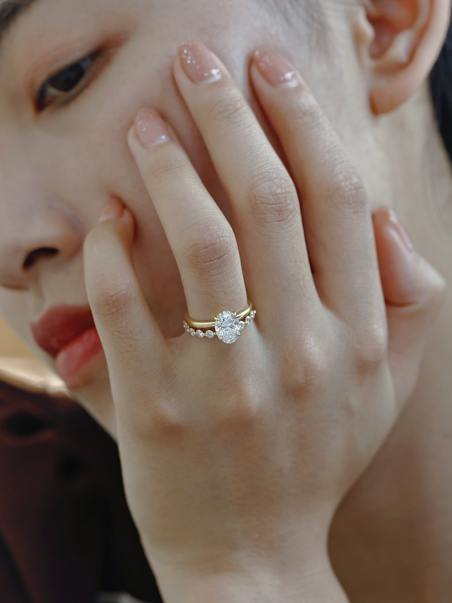 HD Fanxing 18K Gold Artificial Synthetic Cultivation Diamond Shining Easiest for Match Twin Half Circle round Diamond Row Diamond Ring Ins