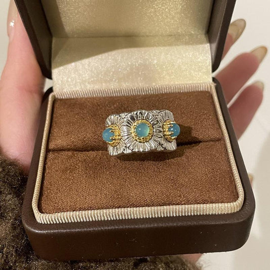 Light Luxury High-Grade Buchilati Style Blue Crystal Daisy Ring Women Niche Design Versatile Exquisite Retro Index Finger Ring