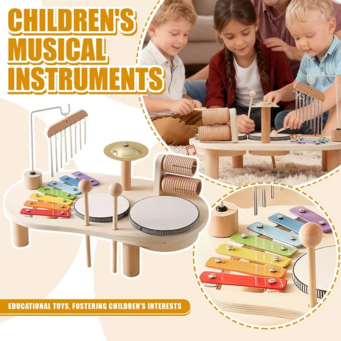 2026 New, Baby Rattle Toy 0-12 Months Musical Instrument Wooden  Toys Cartoon Animal Xylophone Baby Educational Toy Kid‘s Gift