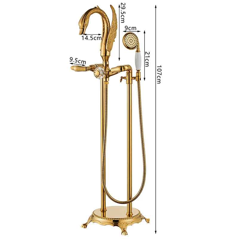 ELLEN Bath Floor Stand Faucets Gold Luxury Swan Bathtub Faucet  Free Standing Bath Faucet Hot Cold with Hand Shower ELB727