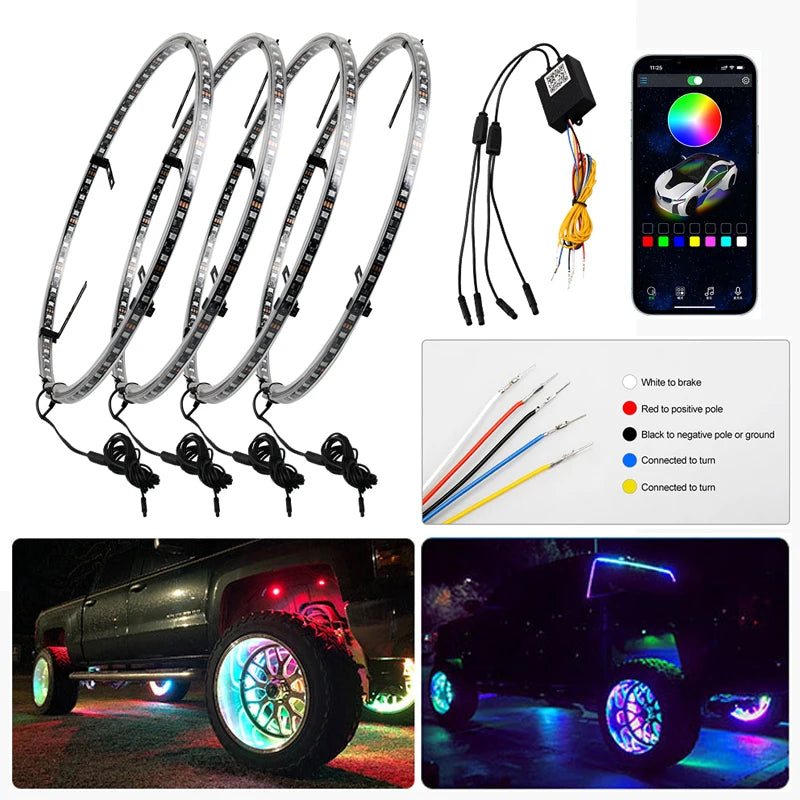 4 Pcs RGB Car Wheel Light For 15.5 inch 17 inch 19 inch APP/Remote Car Hub Light 12V LED With Brake Steering Phantom Neon Lamp