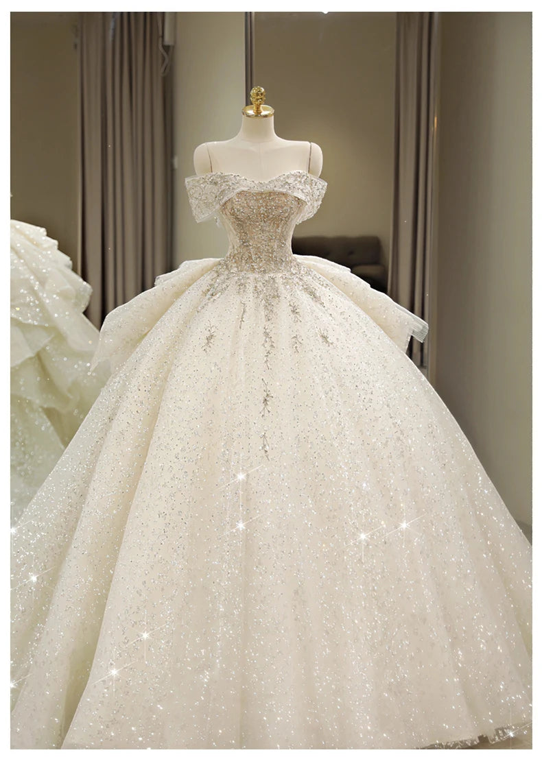 2024 New The Shoulder Wedding Dress Lace Up Luxury Bridal Ball Gown Vestido De Noiva Sweep Large Train Plus Size Made Customized