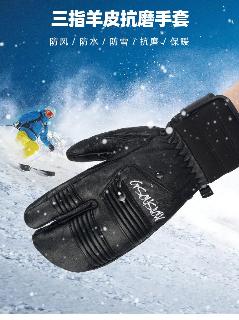 Three Fingers Sheepskin Winter Ski Gloves Women Windproof Waterproof Warm Durable Thickened Men Outdoor Sports Cycling Gloves