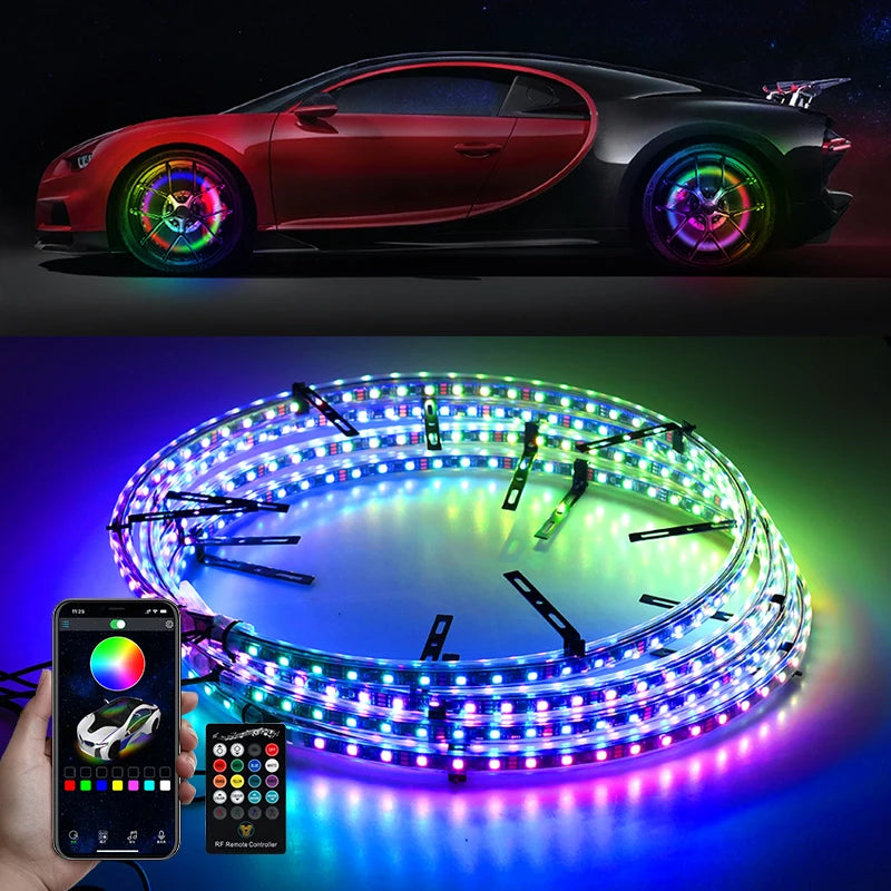 4 Pcs RGB Car Wheel Light For 15.5 inch 17 inch 19 inch APP/Remote Car Hub Light 12V LED With Brake Steering Phantom Neon Lamp